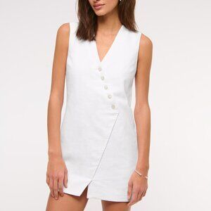 A&F Linen-Blend V-Neck Button Mini Dress - White- Size: X-Large